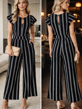 Crystal Sky Black & White Striped Wide Leg Jumpsuit with Keyhole Size 3 NWT